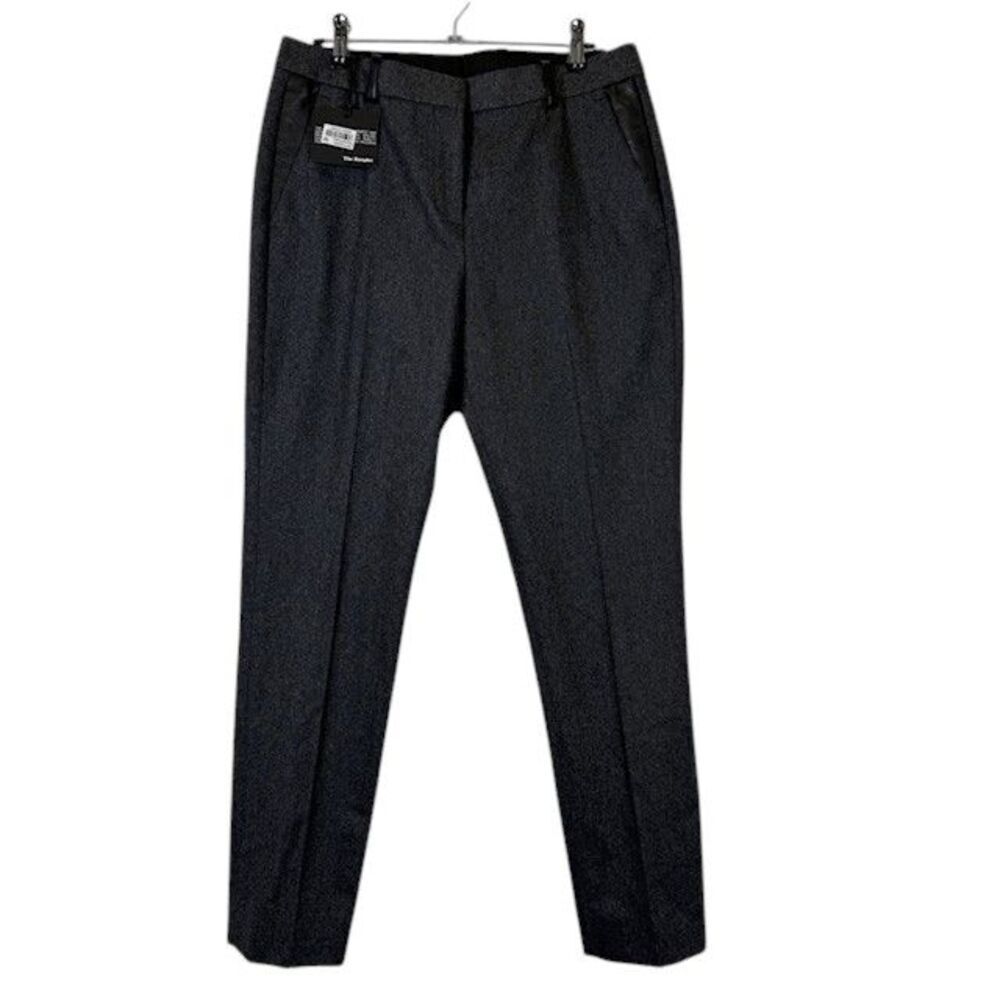 NWT The Kooples Wool & Lamb Leather Brushed Flannel Trousers Charcoal Size Small